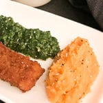 Mannagrynsfisk med sötpotatis- och linsmos och stuvad spenat