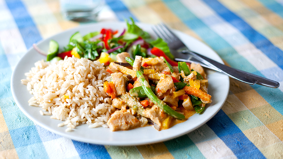 Tallrik med kyckling grönsaker och ris näringsberäknade recept