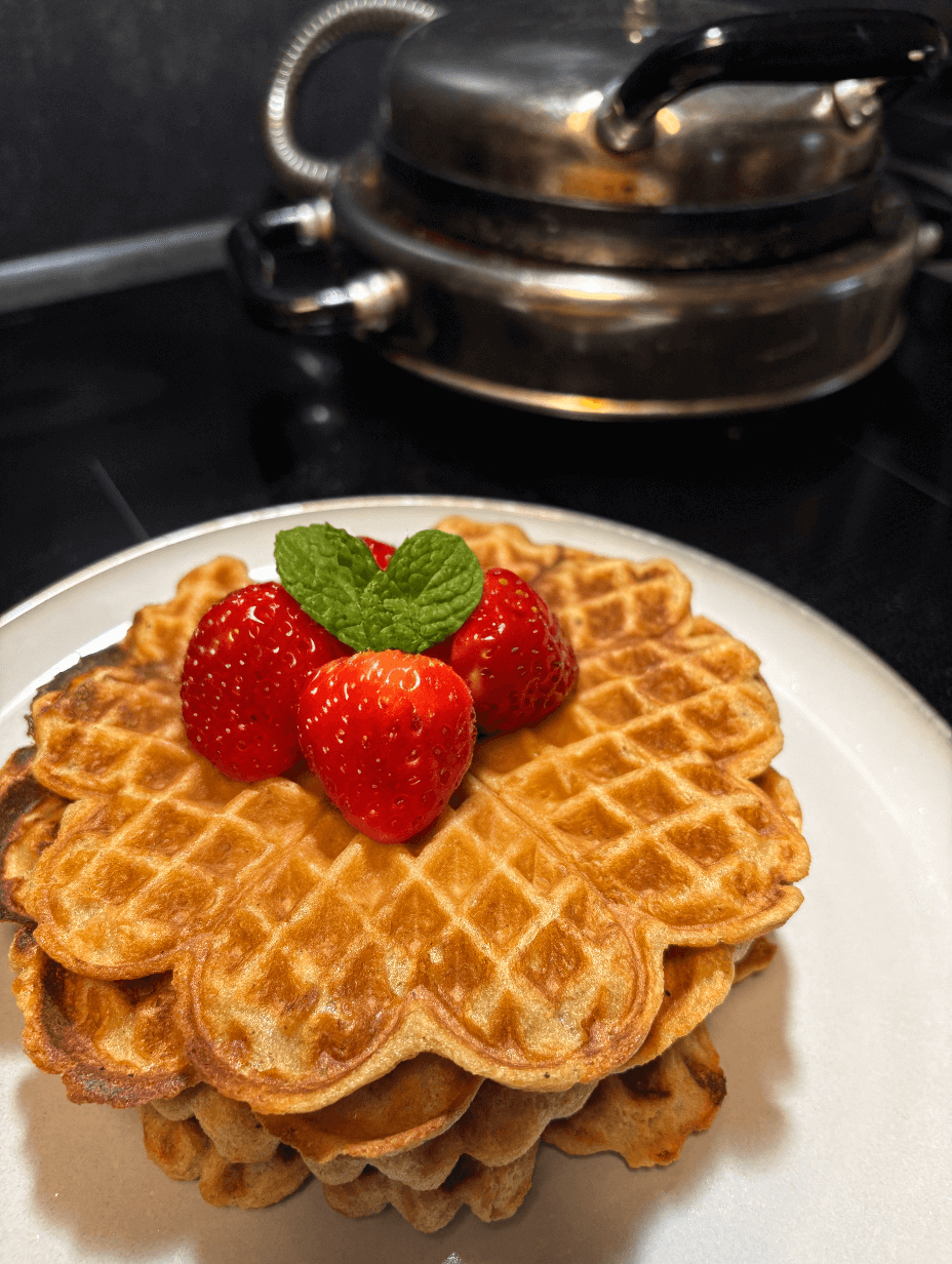 proteinvåfflor på ett fat med färska jordgubbar