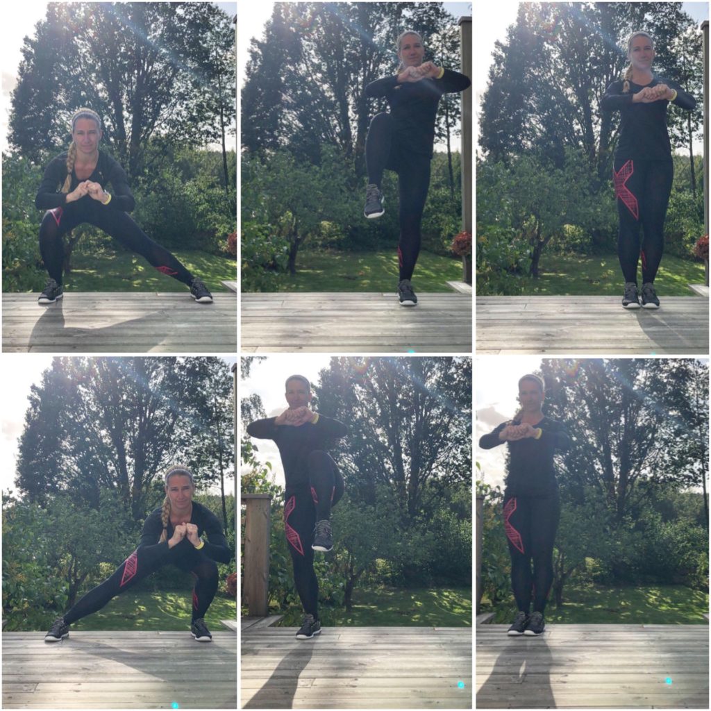 utfall åt sidan och högt knä tillbaka