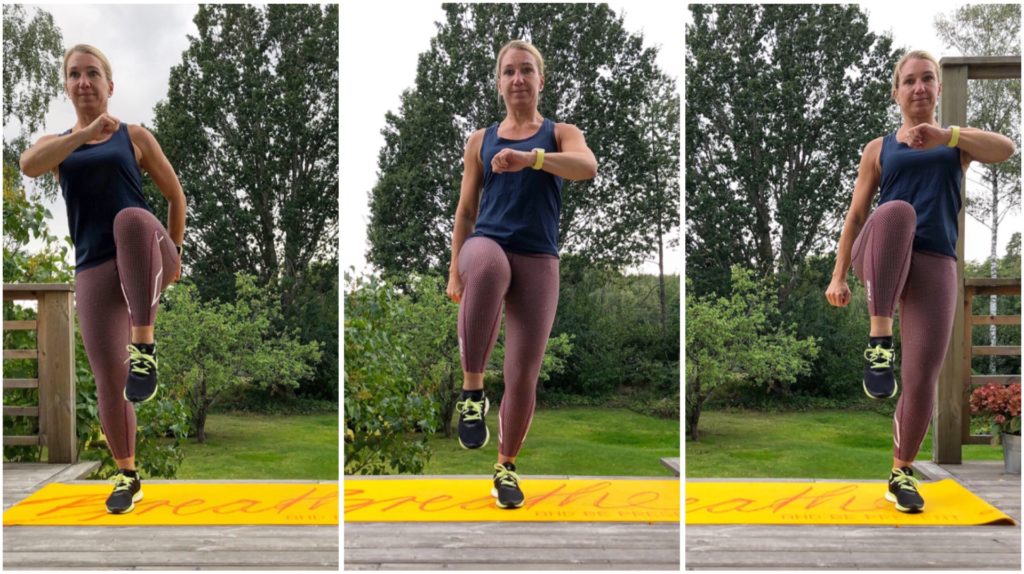tre-stegs höga knän till sidan