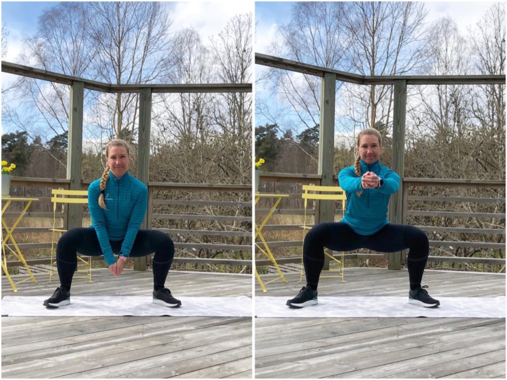 statisk sumosquat med armpendling