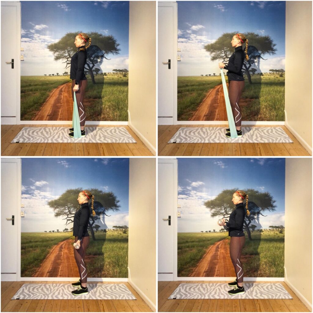 Biceps med gummiband, vattenflaska eller hantlar