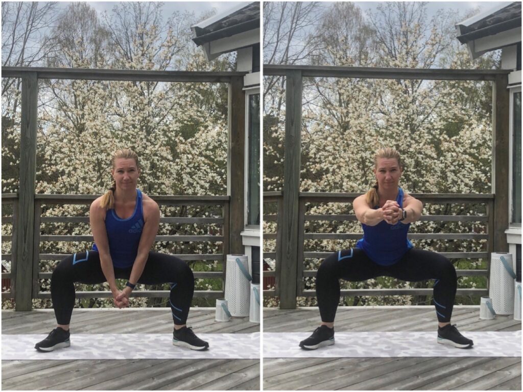 statisk sumosquat med armpendling