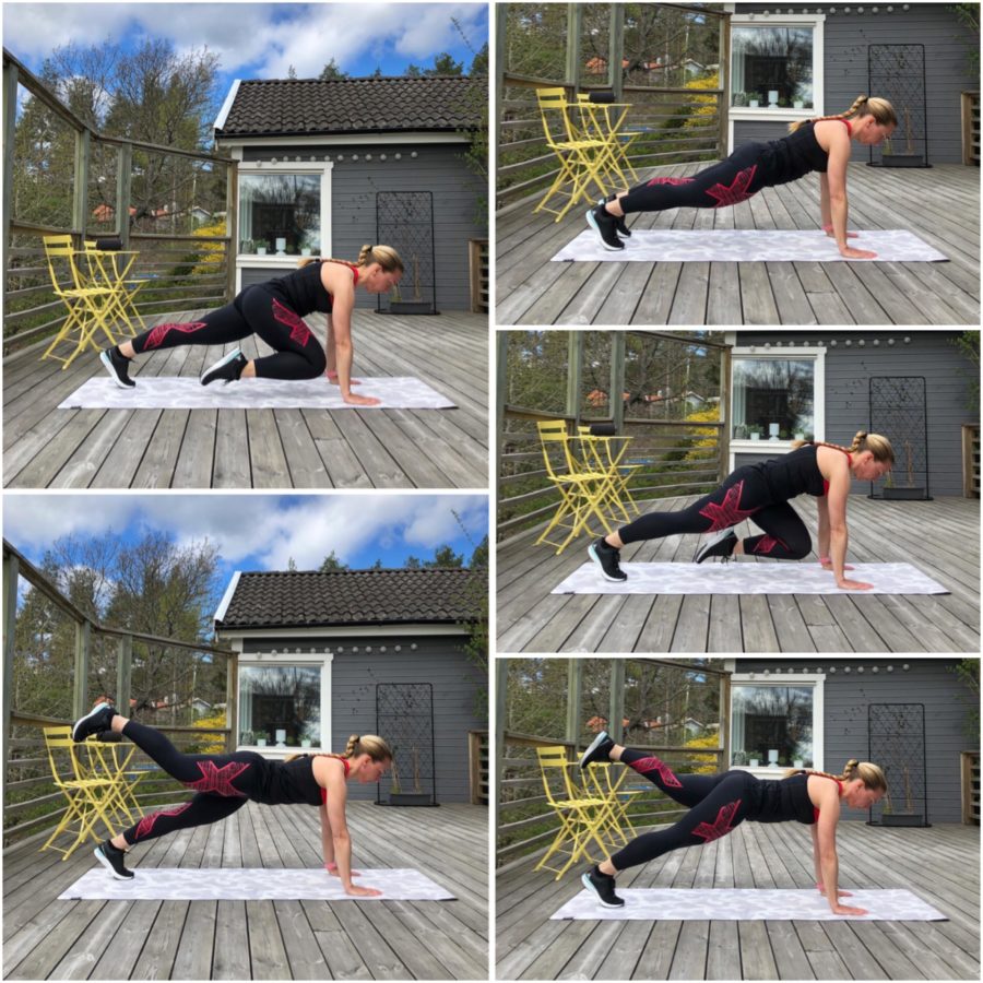 Planka med knälyft och bakåtkick