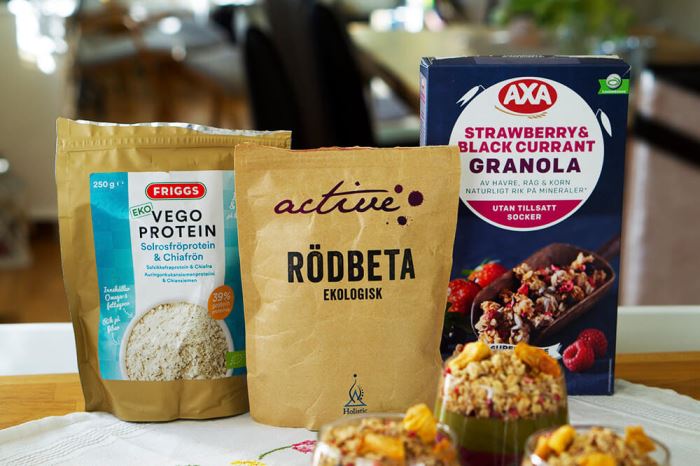 granola rödbetapulver och vegoprotein