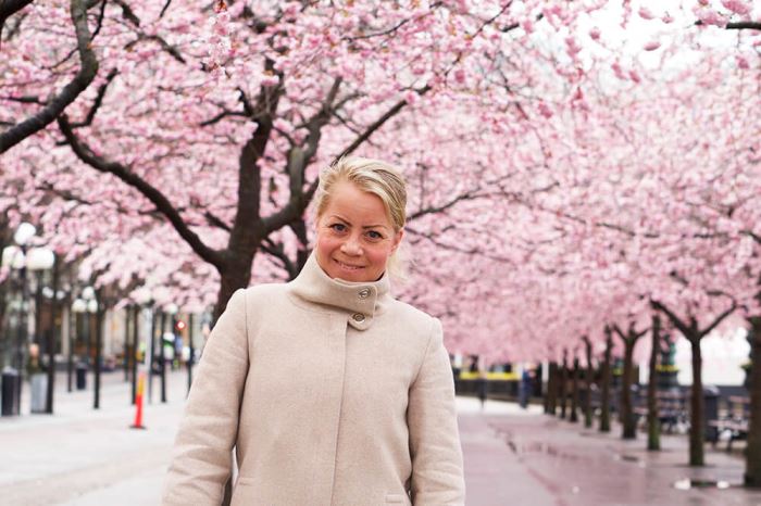 Karin under körsbarsträden i Kungsträdgården