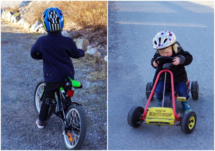 barnen cyklar och åker trampbil